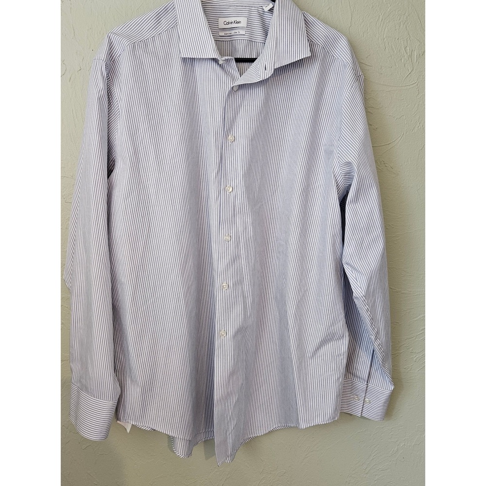 Calvin Klein Slim Fit Non Iron Dress‎ Shirt Blue Stripe Men's Size 18 34 35